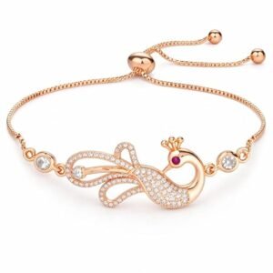 Nilu's Collection Rose Gold & Silver Plated American Diamond Adjustable Peacock Bracelet, Stylish Fashion Jewellery Gift fo Women