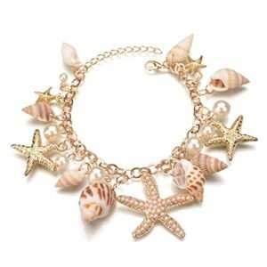Zibuyu® Bracelet for Women and Girls Seashell Exotic Boho Adjustable Chain Seashell Accessories Starfish Conch Pearl Bracelet for Women Shell Jewellery Birthday Gift for Girls