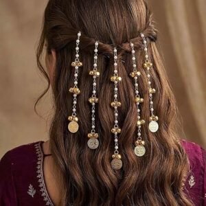 Pearl & Gold Coin Hair Clips for Women hair accessory – Bridal Braid Clip Accessories with Ghungroo & Coin Charms for Wedding, Festive & Ethnic Hairstyles