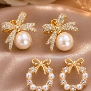 TRENDY Korean Style Fashion Earrings Set, Pearl Bow and Crystal Bow Design, Women's Jewellery Accessories, 2 Pairs