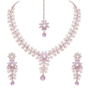 Atasi International Diamond Necklace Jewellery Set for Women with Earrings and Maang Tikka for Wedding, Engagements & Festivals